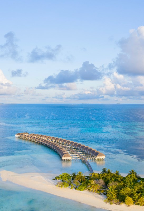 Aerial view of the Water Villas at LUX* South Ari Atoll