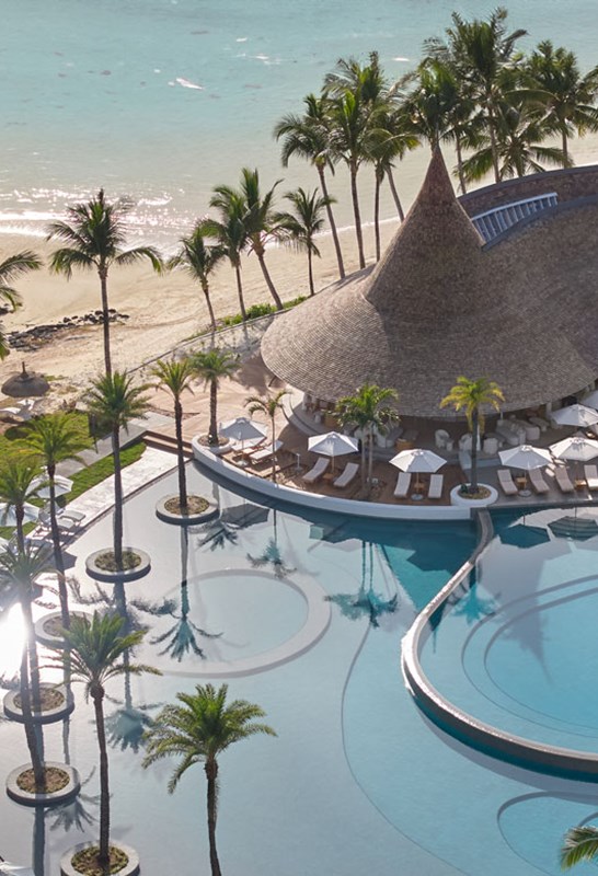 Aerial view of LUX* Belle Mare's main pool