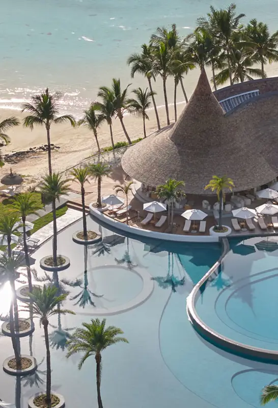 Aerial view of LUX* Belle Mare's main pool